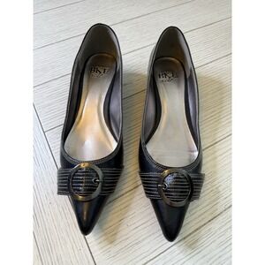BKE Sole Pointed Toe Women's Kitten Heel Black Leather Pump Shoes Buckle Toe 8.5
